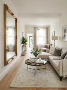 Large statement mirror making a narrow living room feel wider