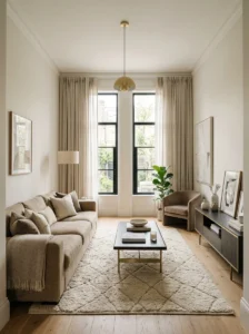 Floor-to-ceiling curtains adding height to a narrow living room