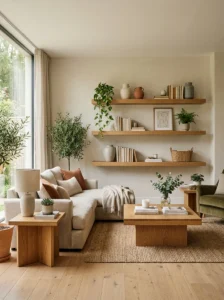 Warm oak floating shelves matching the living room coffee table and side tables.