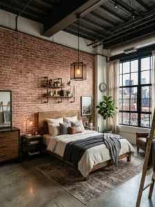 Faux brick wallpaper creating industrial character in a bedroom