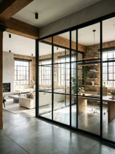 Black-framed glass partition wall dividing a home office and living room without blocking light.