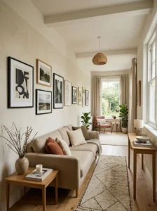 Artwork spaced along the long wall of a narrow living room