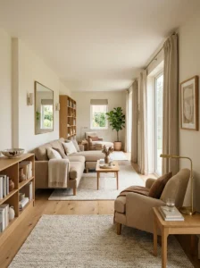 Cohesive color palette connecting zones in a narrow living room