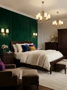 Deep emerald green bedroom accent wall with brass and dark wood accents