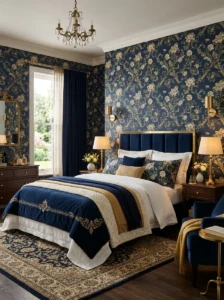Deep navy floral wallpaper in a sophisticated bedroom