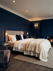 Deep navy bedroom walls with light bedding and brass accents