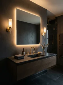 Backlit bathroom mirror creating warm ambient lighting against dark walls