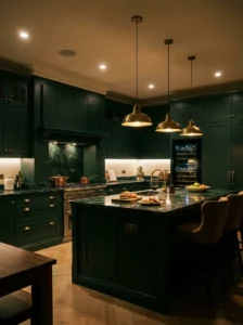 Dark green kitchen illuminated with warm layered lighting and pendant lights.