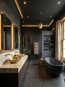 Dark charcoal bathroom walls and ceiling creating an immersive atmosphere