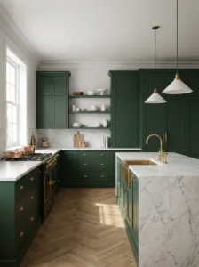 Dark green kitchen cabinets with elegant white marble countertops.