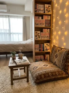 Cozy manga reading corner with bookshelf, floor cushion and warm lights.