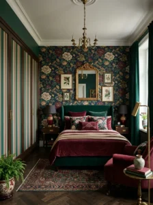 Black and gold Art Deco geometric wallpaper in a glamorous bedroom