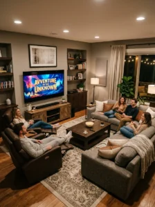 t: Recliner chairs coordinated with a sectional sofa in a comfortable TV room.
