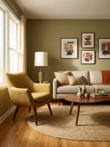 Mid-century modern accent chair with tapered wood legs in a stylish living room.