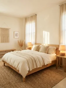arm off-white bedroom walls with natural wood furniture and ivory beddi