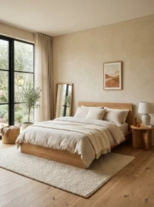 “Earthy modern bedroom with a low-profile natural wood platform bed”