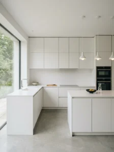 Seamless solid-surface countertops in a minimalist kitchen.