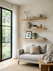 Minimalist floating shelves with hidden mounting brackets and simple décor.