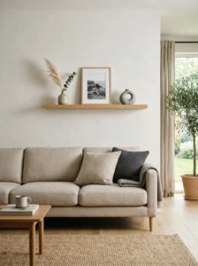 Minimalist living room with one floating shelf and three carefully selected decorative objects.