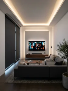 Minimalist TV room with sleek blackout roller shades and modern furniture.