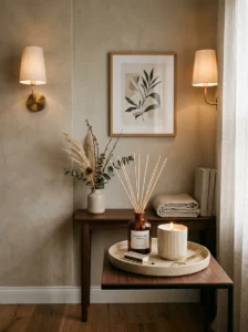 Reed diffuser and candle styled in an elegant dining room.