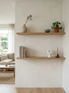 Minimalist floating shelves styled with decorative objects and intentional empty space.