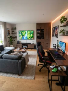 Dedicated gaming corner with a gaming chair and organized accessories in a TV room.