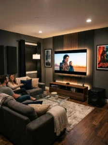 Home theater TV setup with a soundbar and separate subwoofer.