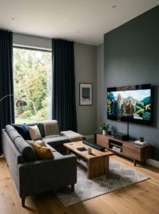 t: Television positioned perpendicular to a window to reduce screen glare.
