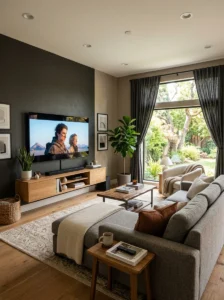 Television positioned perpendicular to a window to reduce screen glare.