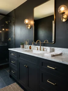 Dark bathroom tiles with black grout for a seamless graphic look