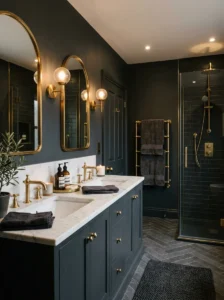 Deep charcoal bathroom walls with warm brass fixtures and elegant lighting