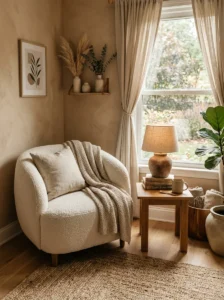 “Earthy modern bedroom reading nook with a cream boucle chair”