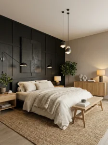 Matte black accent wall behind the bed in a modern bedroom