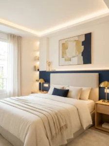 Warm white bedroom with a deep navy accent wall behind the bed