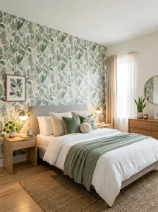 Removable peel-and-stick wallpaper used on a bedroom accent wall