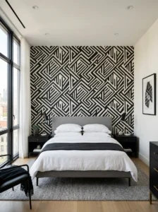 Black and white geometric statement wallpaper in a modern bedroom