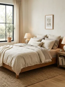 “Earthy bedroom with layered natural linen bedding in warm neutral tones”