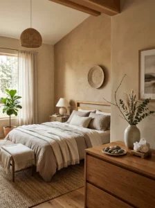 “Earthy modern bedroom with natural stone and unpolished crystal accents”