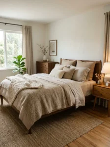 “Earthy modern bedroom with layered neutral textiles and natural textures”