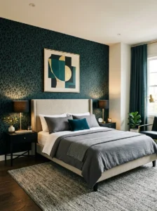 Deep teal and black animal print statement wallpaper in a bedroom
