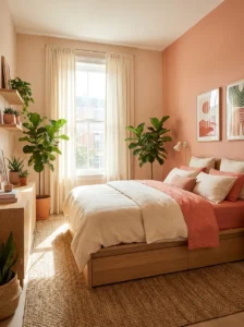 Muted peach and coral bedroom walls with warm wood and greenery