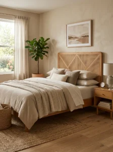 “Modern bedroom with a woven rattan headboard and neutral bedding”