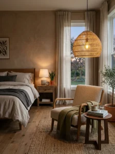 “Earthy bedroom with a woven pendant light and warm ambient lighting”