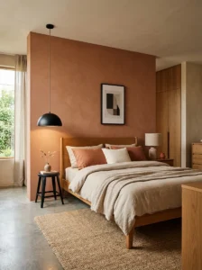 “Earthy bedroom with warm natural tones and subtle matte black accents”