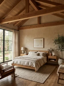 “Earthy modern bedroom with exposed warm wood ceiling beams”