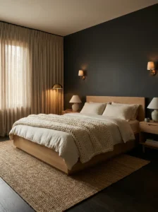Charcoal gray bedroom walls with light wood furniture and textured bedding
