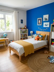 Young boy’s bedroom with a bright blue accent wall and playful decorations.