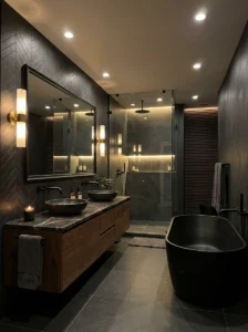 Dark bathroom with layered recessed lighting and warm white bulbs