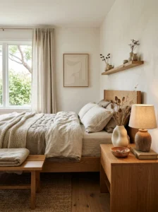 “Earthy modern bedroom with sculptural handmade ceramic accents”